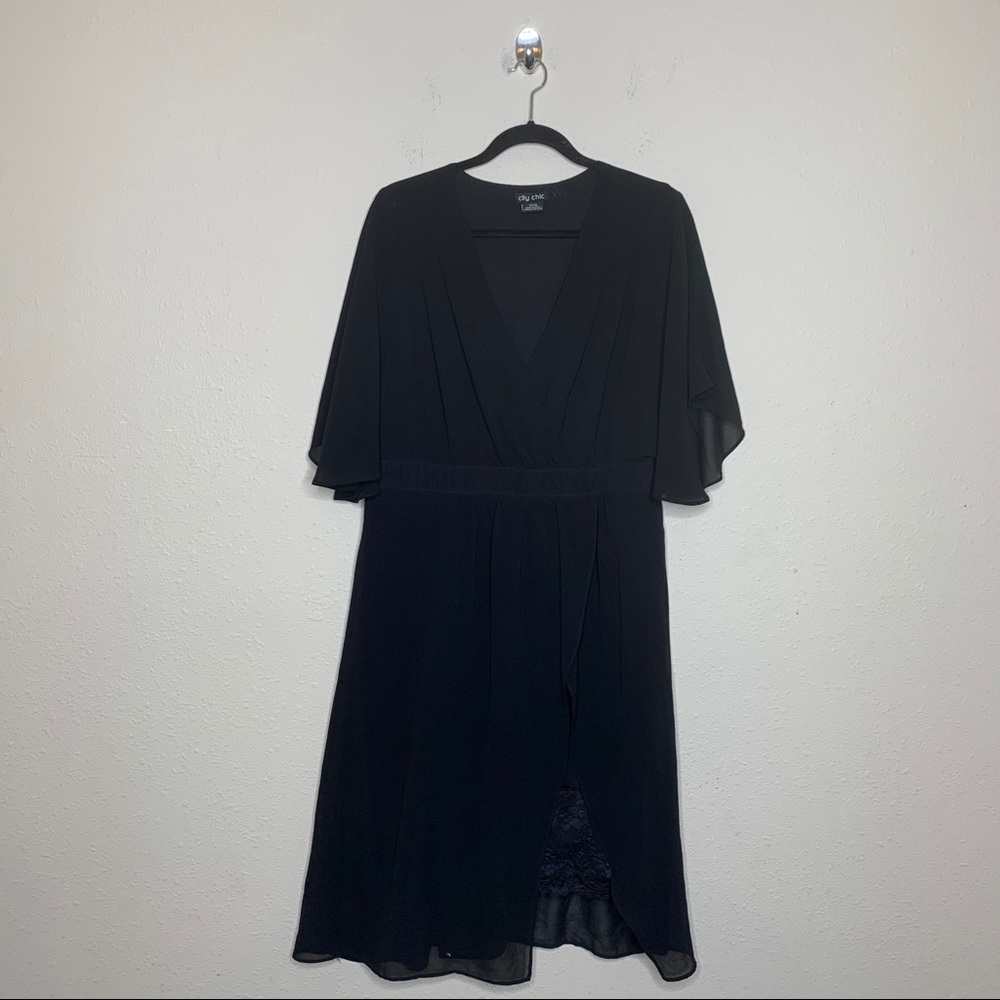 City Chic Black Shift Surplice Lace Hem Dress